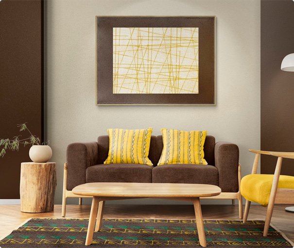 Modern living room interior with brown sofa, yellow cushions, and wooden furniture.