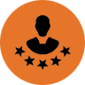 Orange circle icon with a black silhouette and five stars symbolizing customer satisfaction and top-rated service.
