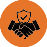 Orange circle icon with a black handshake and shield checkmark symbolizing trust and reliability.
