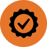 Orange circle icon with a black checkmark badge symbolizing quality assurance and verified service.